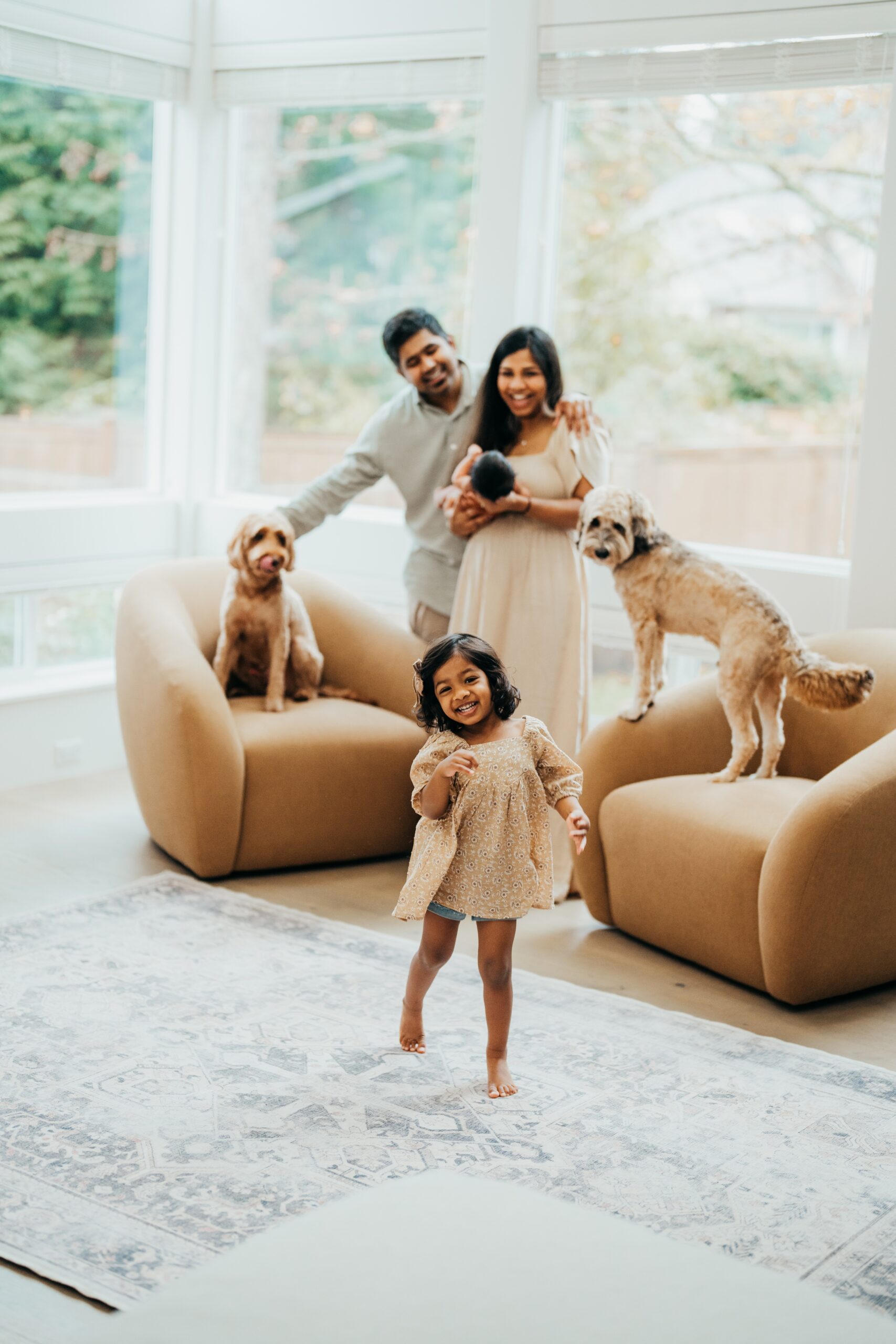 A happy toddler girl dances in the living room with mom and dad laughing with their two dogs behind her after meeting nannies in seattle
