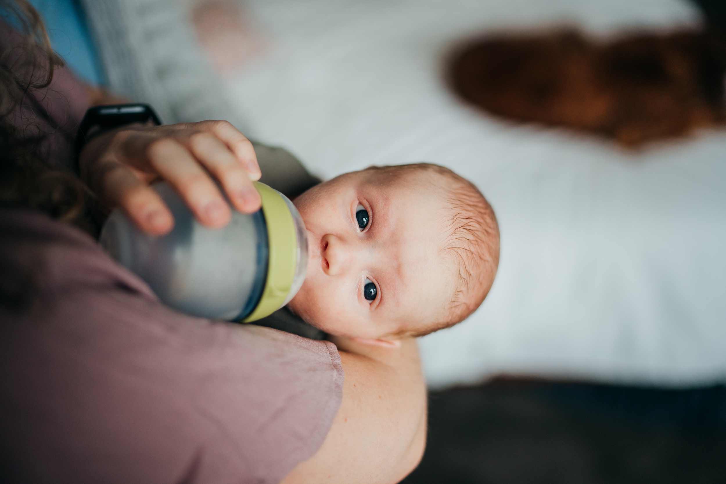 A newborn looks up while drinking from a bottle in mom's arms after finding pediatric dentists in seattle