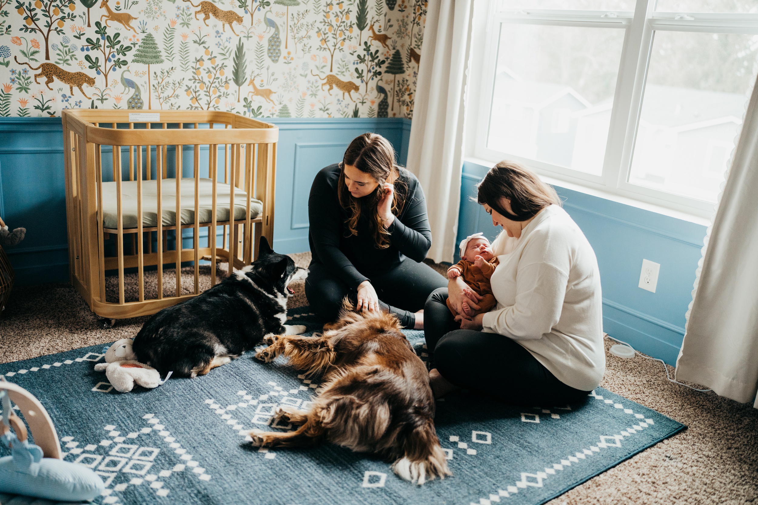 New moms sit on a rug under a window playing with their sleeping newborn and two dogs